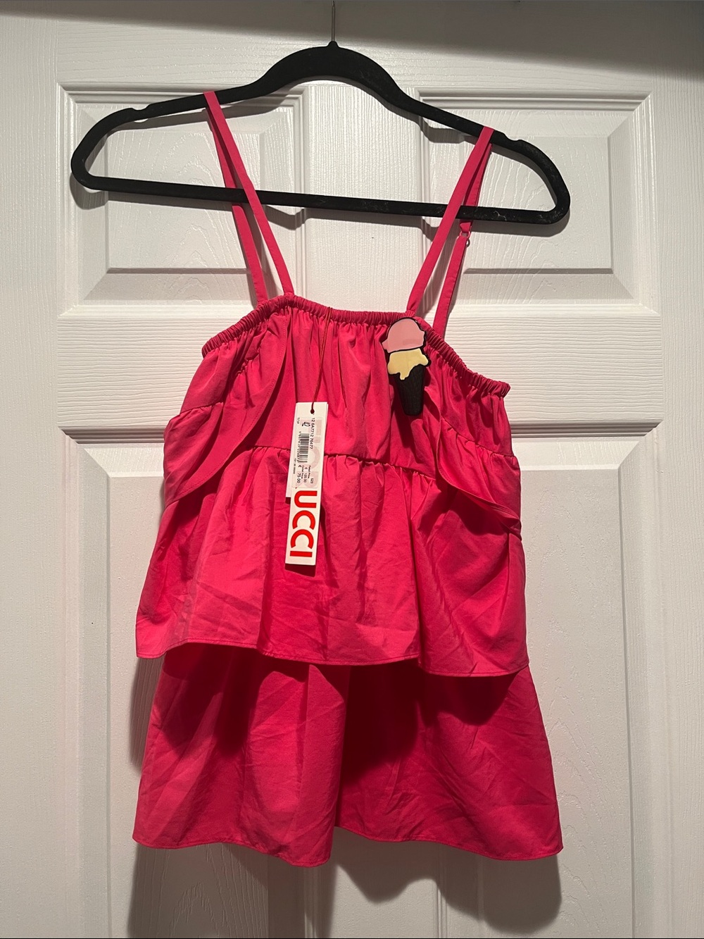 Fiorucci Bright Pink Tiered Spaghetti Strap Tank with Ice Cream Pin